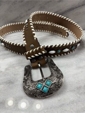 Nocona belt co. Western- Leather Belt w/ white whip stitch turquoise accents